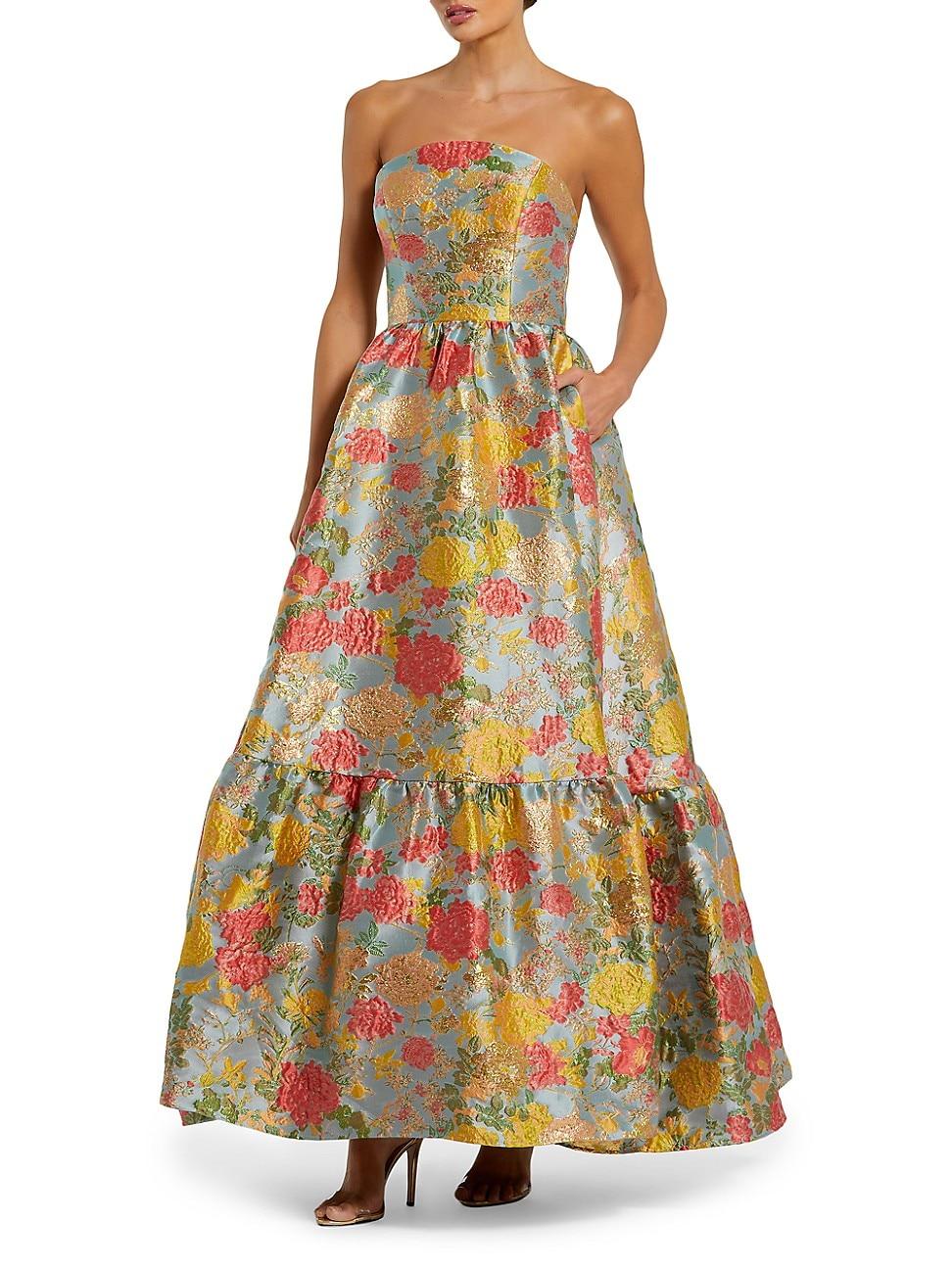 Womens Floral Brocade Ruffle-Hem Strapless Gown Product Image