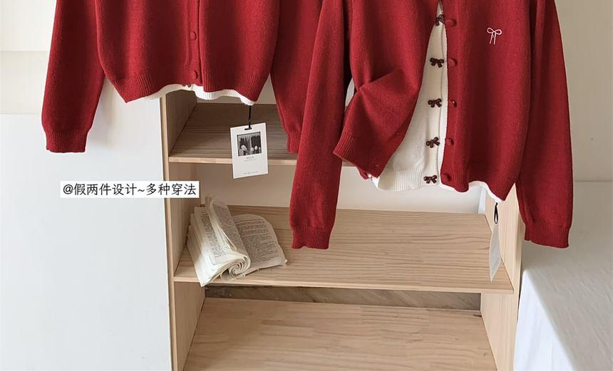 Mock Two-Piece Round Neck Bow Embroidered Cardigan Product Image