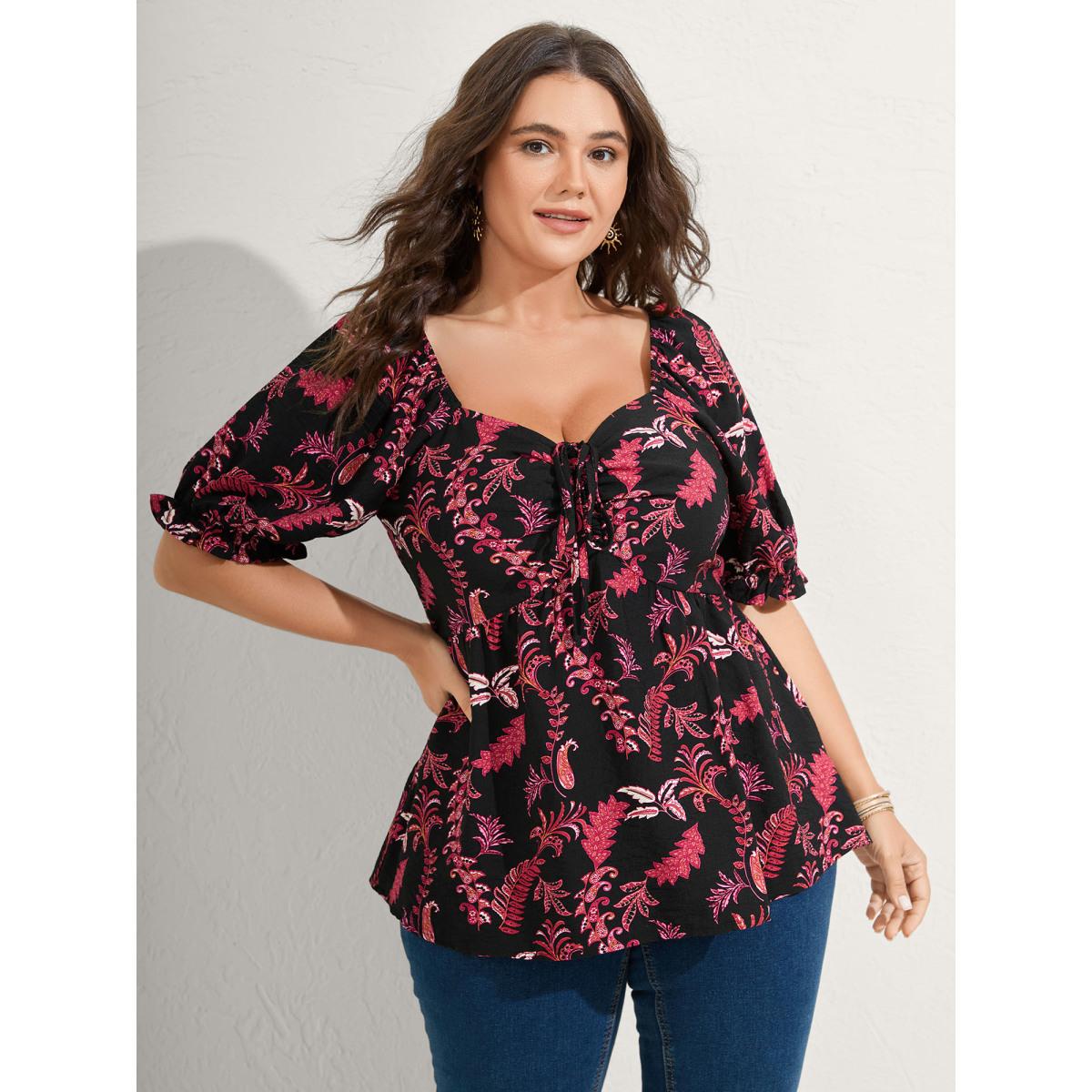 Plus Size Black Boho Print Neck Tie Flowy Shirt Women Short sleeve Heart neckline Vacation Blouses BloomChic 12/L Product Image