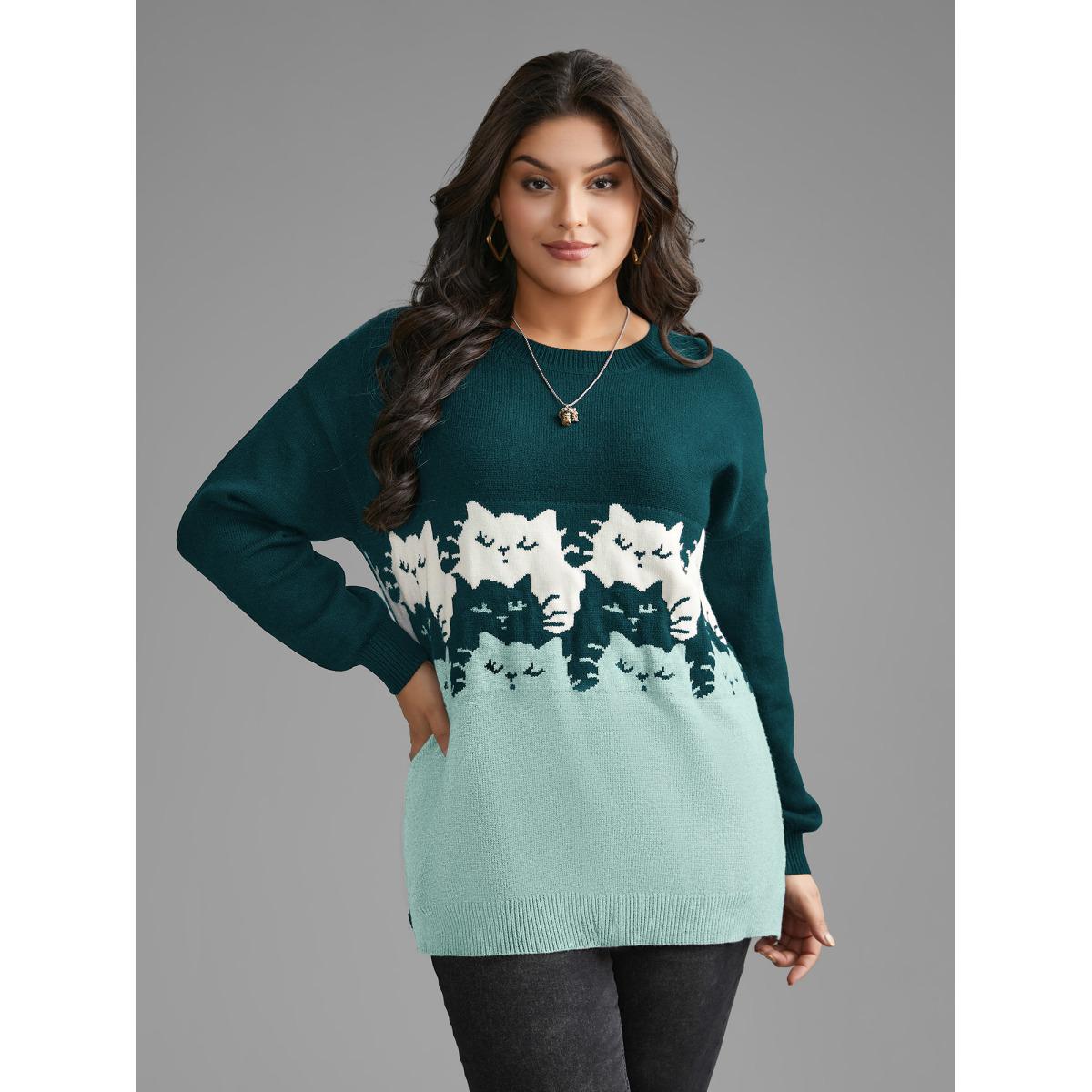 Plus Size Cat Contrast Drop Shoulder Pullover Cyan Women Casual Loose Long Sleeve Round Neck Everyday Pullovers BloomChic 28/5X Product Image