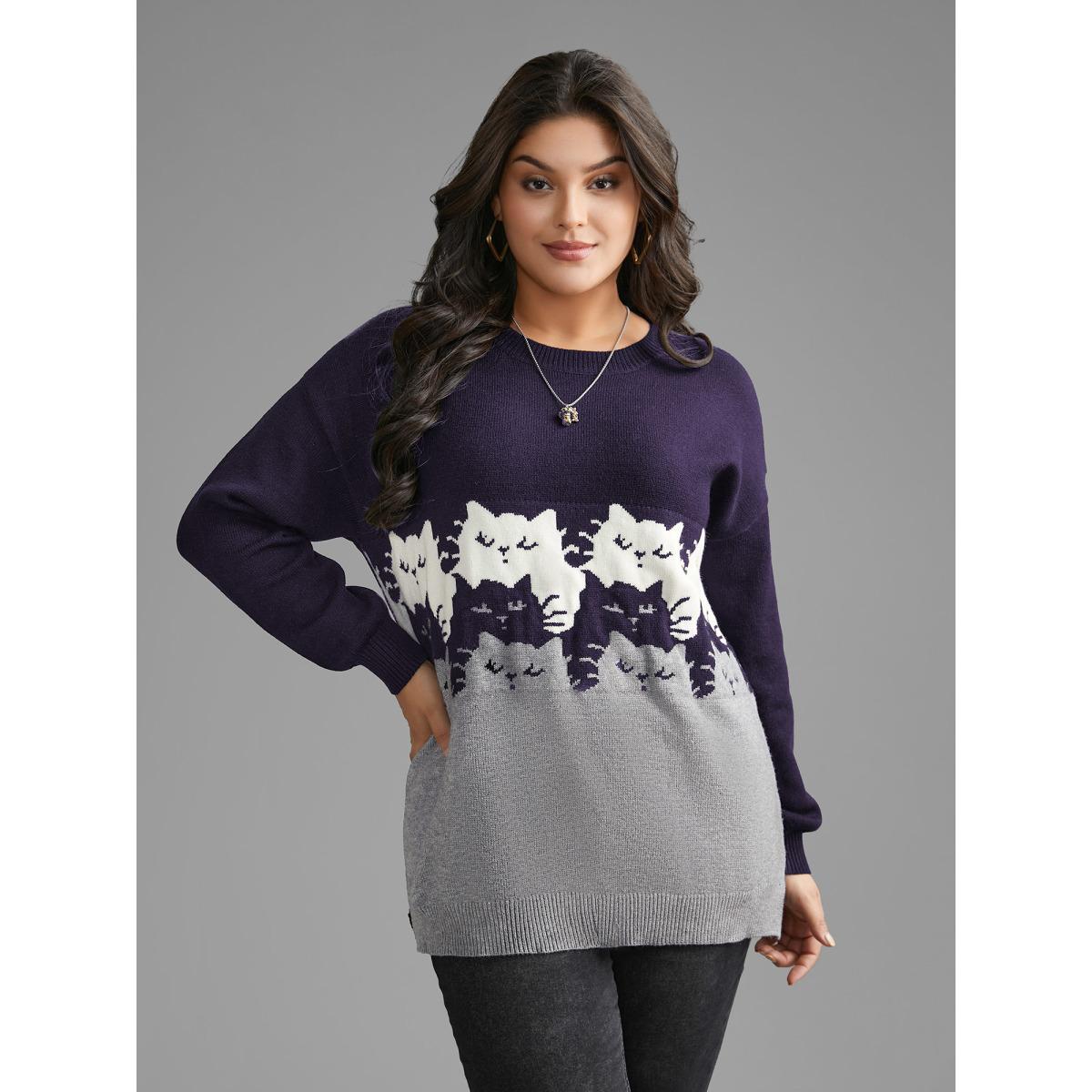 Plus Size Cat Contrast Drop Shoulder Pullover Eggplant Women Playful Loose Long Sleeve Round Neck Casual Pullovers BloomChic 28/5X Product Image
