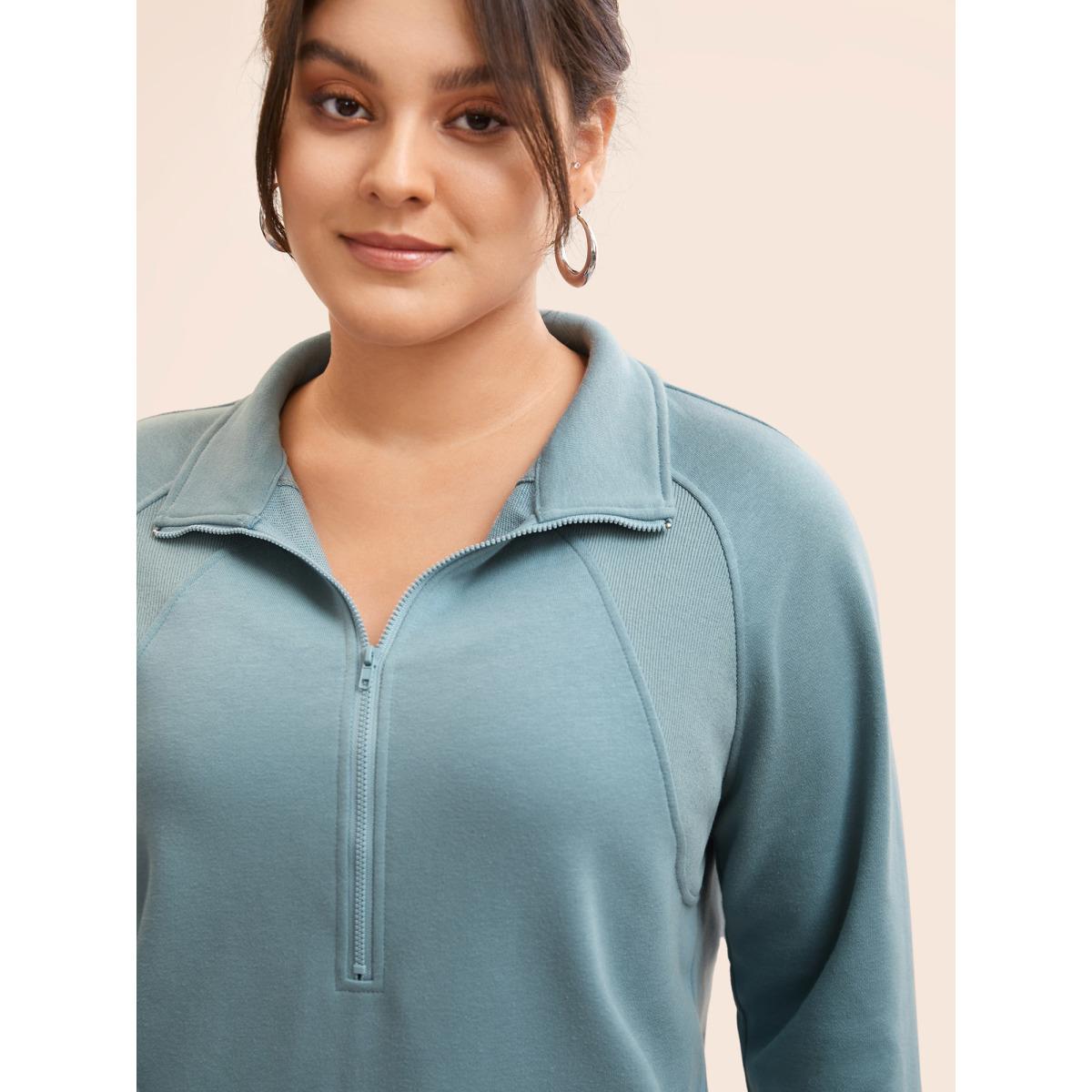 Plus Size Textured Half Zip Patchwork Sweatshirt Women Stone Casual Patchwork Polo Everyday Sweatshirts BloomChic 14-16/1X Product Image