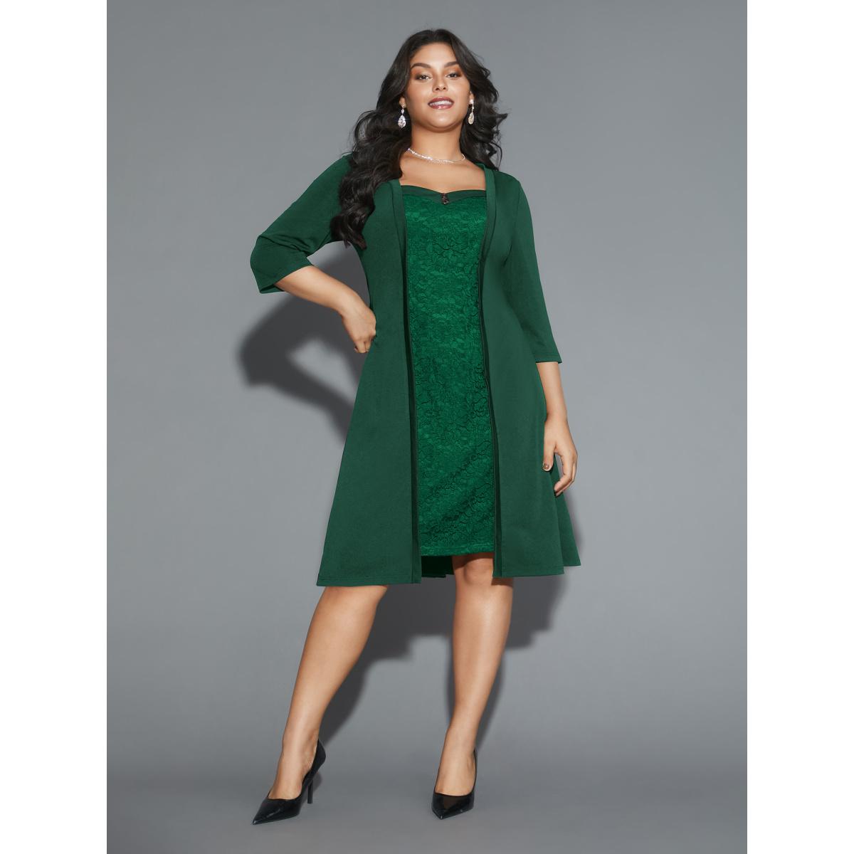 Plus Size Lace Heart Neckline Pocket Midi Dress DarkGreen Women Cocktail Texture Party Curvy Bloomchic 22-24/3X Product Image