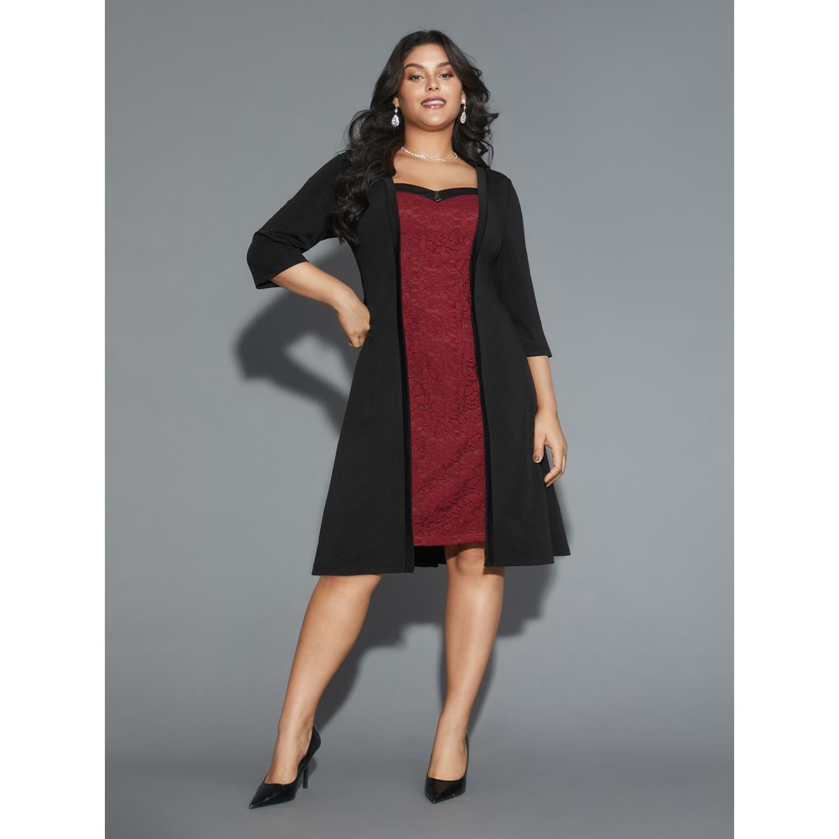 Plus Size Lace Heart Neckline Pocket Midi Dress Black Women Cocktail Texture Party Curvy Bloomchic 10/M Product Image