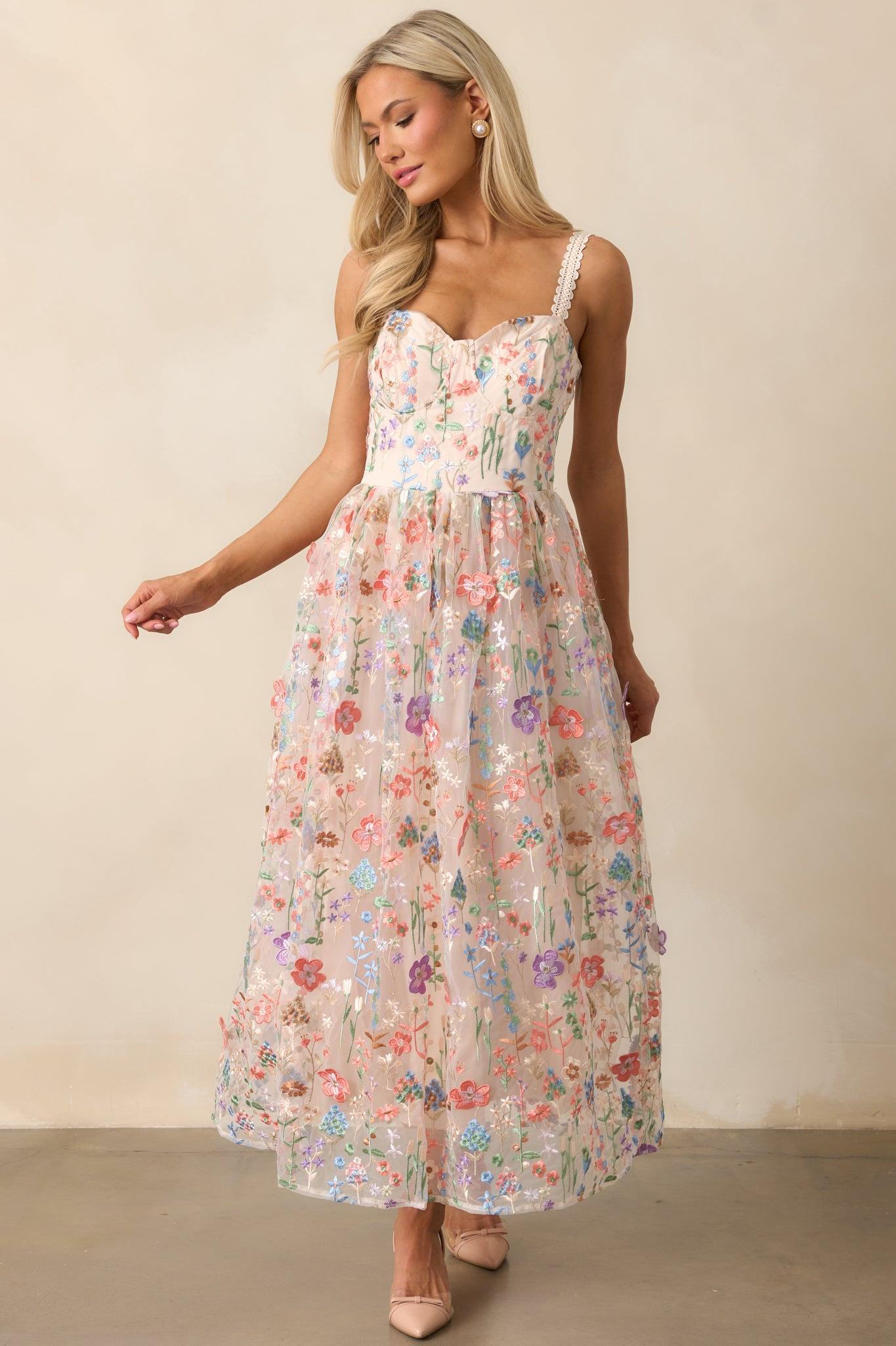 Social Season Rose Pink Floral Embroidered Maxi Dress Product Image