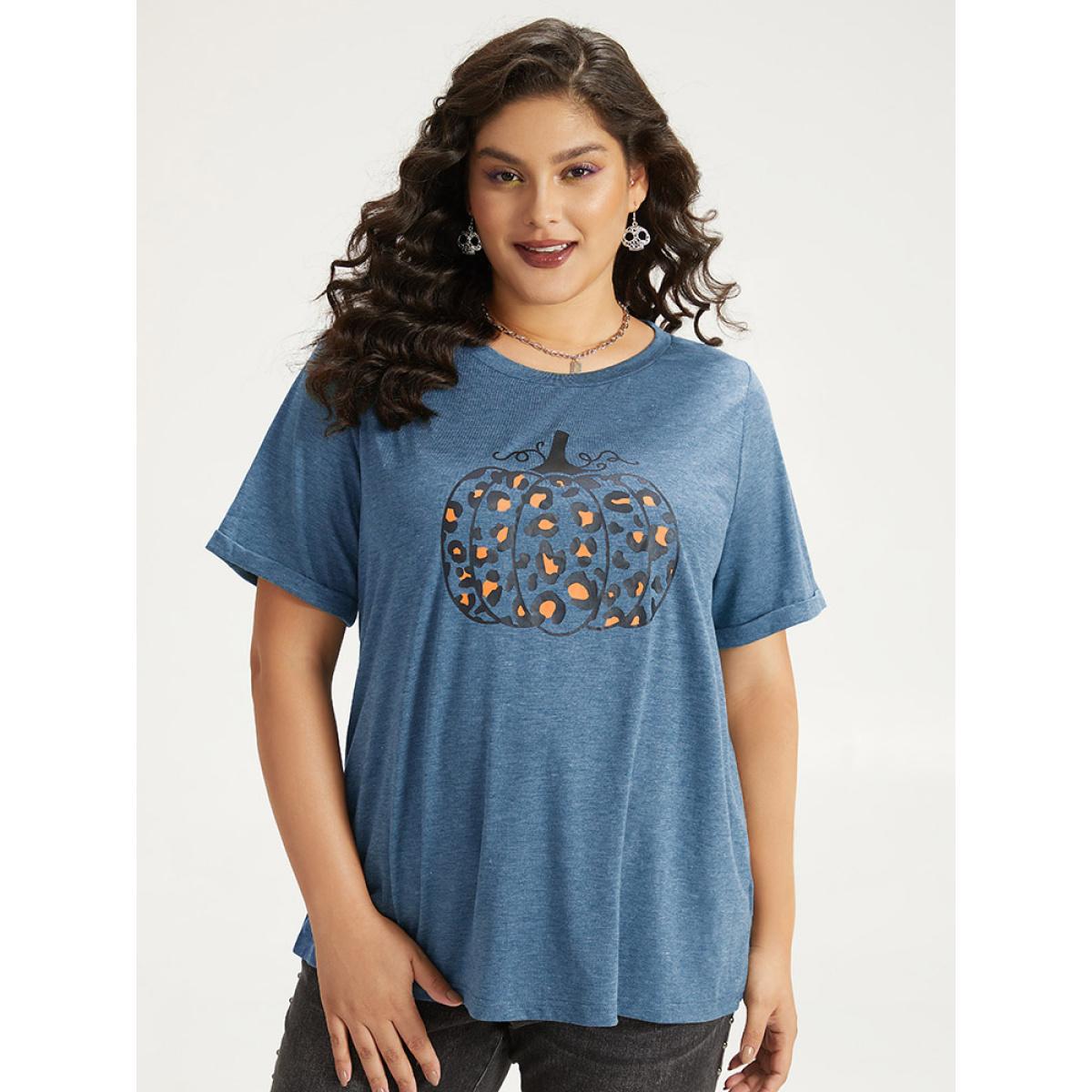 Plus Size Halloween Pumpkin Print Crew Neck T-shirt Cerulean Women Casual Printed Halloween Dailywear T-shirts BloomChic 18-20/2X Product Image