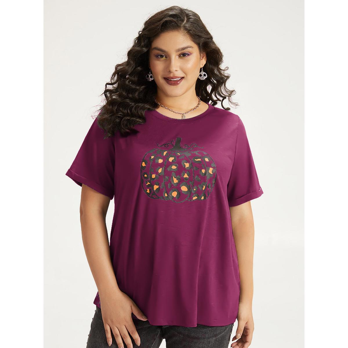Plus Size Halloween Pumpkin Print Crew Neck T-shirt Crimson Women Casual Printed Halloween Dailywear T-shirts BloomChic 12/L Product Image