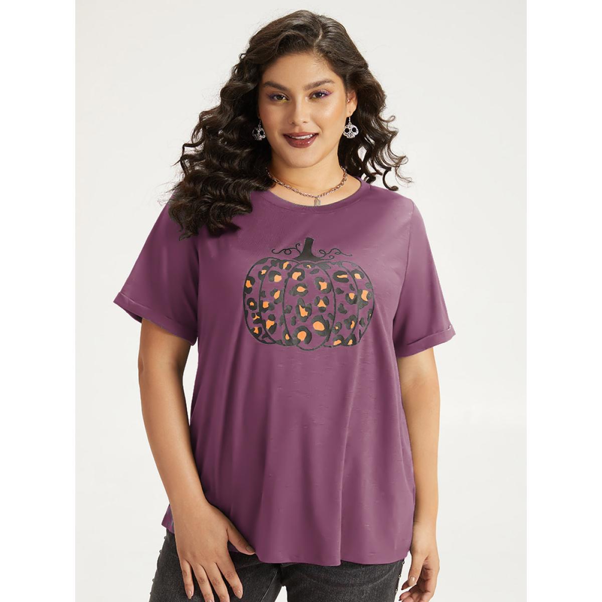 Plus Size Halloween Pumpkin Print Crew Neck T-shirt DustyPink Women Casual Printed Halloween Dailywear T-shirts BloomChic 12/L Product Image