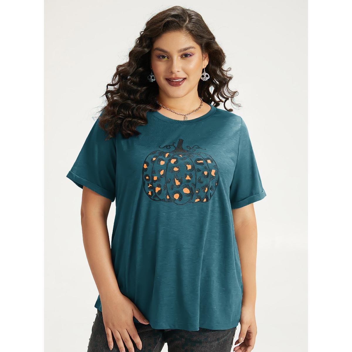 Plus Size Halloween Pumpkin Print Crew Neck T-shirt Indigo Women Casual Printed Halloween Dailywear T-shirts BloomChic 26/4X Product Image