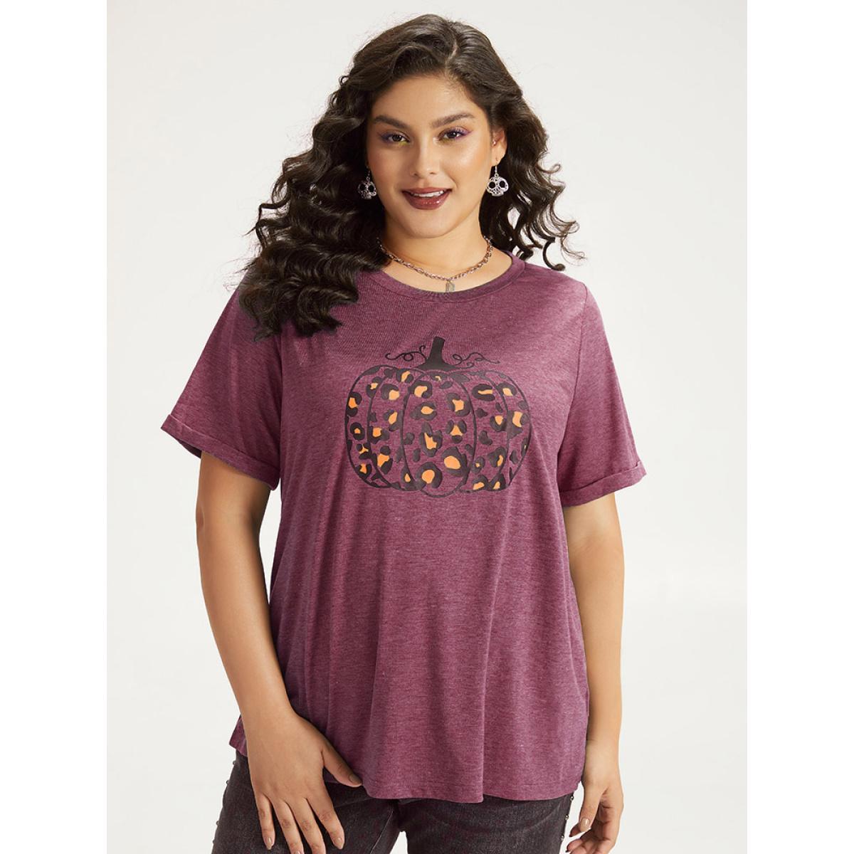 Plus Size Halloween Pumpkin Print Crew Neck T-shirt Red Women Casual Printed Halloween Dailywear T-shirts BloomChic 12/L Product Image