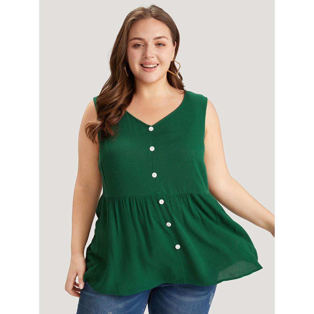 Plus Size Plain Flutter Hem Button Detail Tank Top Women DarkGreen Elegant Button V-neck Dailywear Tank Tops Camis BloomChic 30/6X Product Image