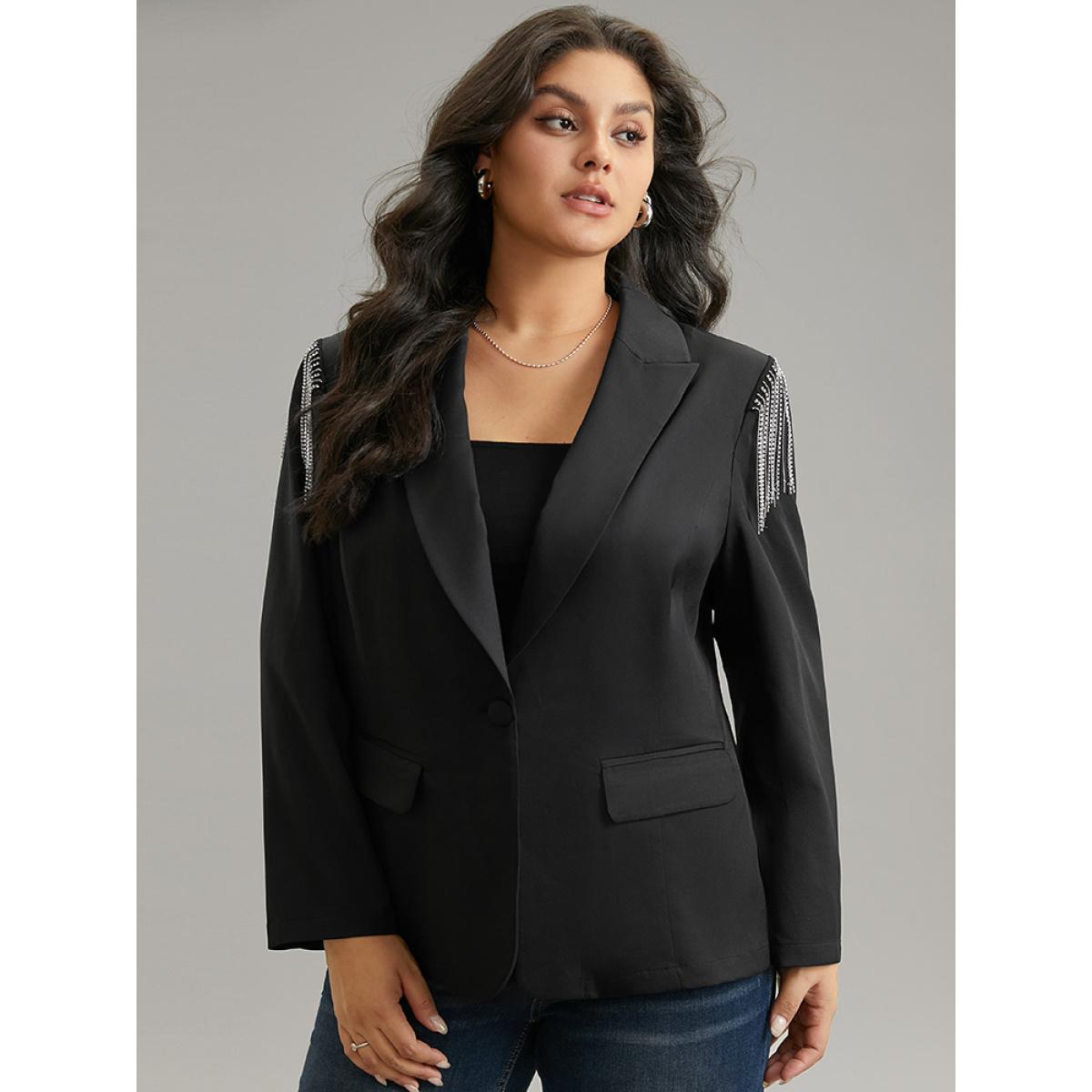 Plus Size Solid Suit Collar Tassel Trim Blazer Black Women Dailywear Plain Tassels Sleeve Long Sleeve Suit Collar 12/L Elegant Blazers BloomChic Product Image