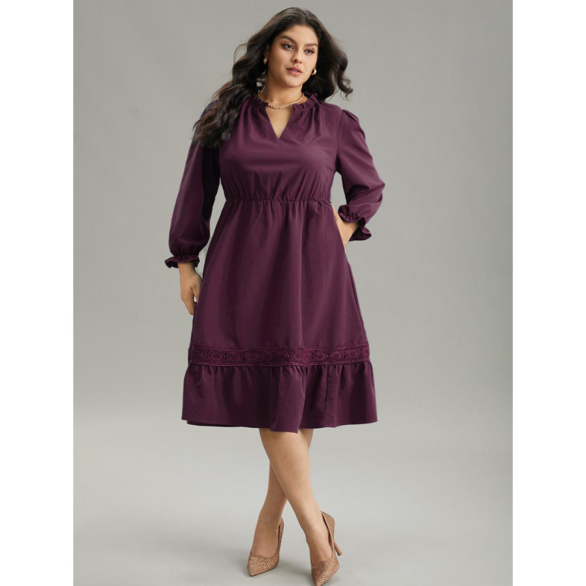 Plus Size Solid Frill Trim Guipure Lace Flutter Sleeve Dress Burgundy Women At the Office Plain Notched collar Long Sleeve Curvy Midi Dress BloomChic 30/6X Product Image