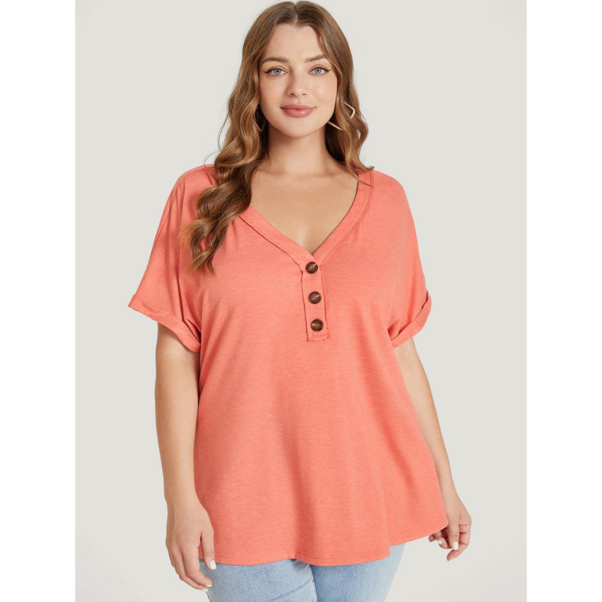 Plus Size Plain Button Detail Roll Dolman Sleeve T-shirt Coral Women Casual Plain V-neck Dailywear T-shirts BloomChic 26/4X Product Image