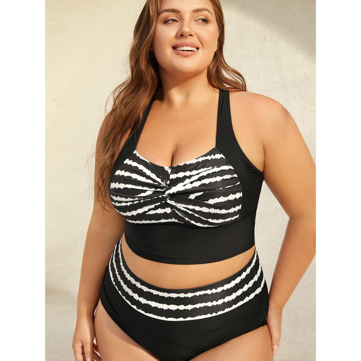 Plus Size Striped Twisted Front Cross-Straps Swim Top Women's Swimwear Black Beach Twist High stretch Skinny Heart neckline Curve Swim Tops BloomChic 14-16/1X Product Image