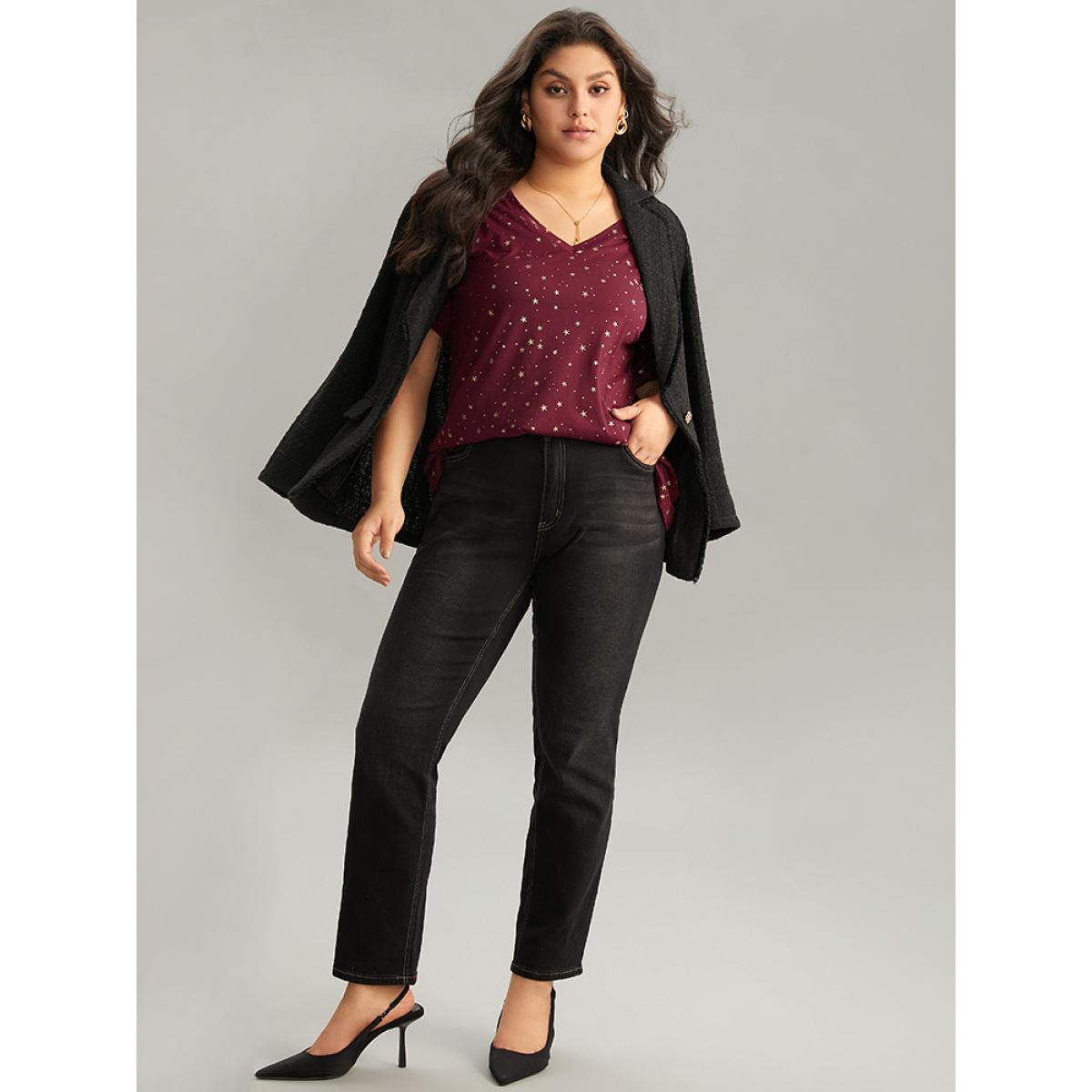 Plus Size Star Polka Dot V Neck T-shirt Burgundy Women Elegant Contrast Moon and Star V-neck Dailywear T-shirts BloomChic 22-24/3X Product Image