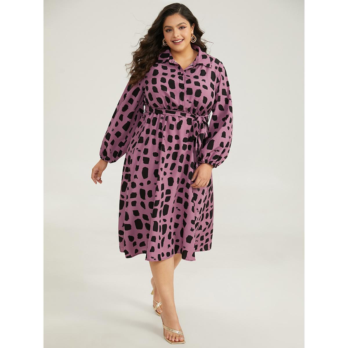 Plus Size Shirt Collar Brush Print Belted Dress Mauve Women Office Belted Shirt collar Long Sleeve Curvy Midi Dress BloomChic 28/5X Product Image