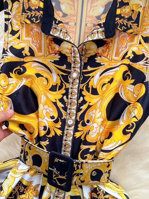 Sleeveless Belt Buckle Buttoned Contrast Color Floral Printed Midi Dresses Product Image