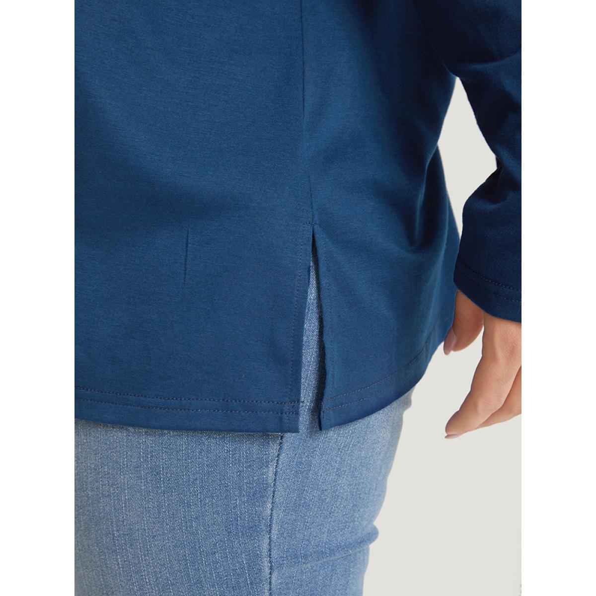 Plus Size Plaid Patchwork V Neck Split Side T-shirt Indigo Women Casual Patchwork Gingham V-neck Dailywear T-shirts BloomChic 26/4X Product Image