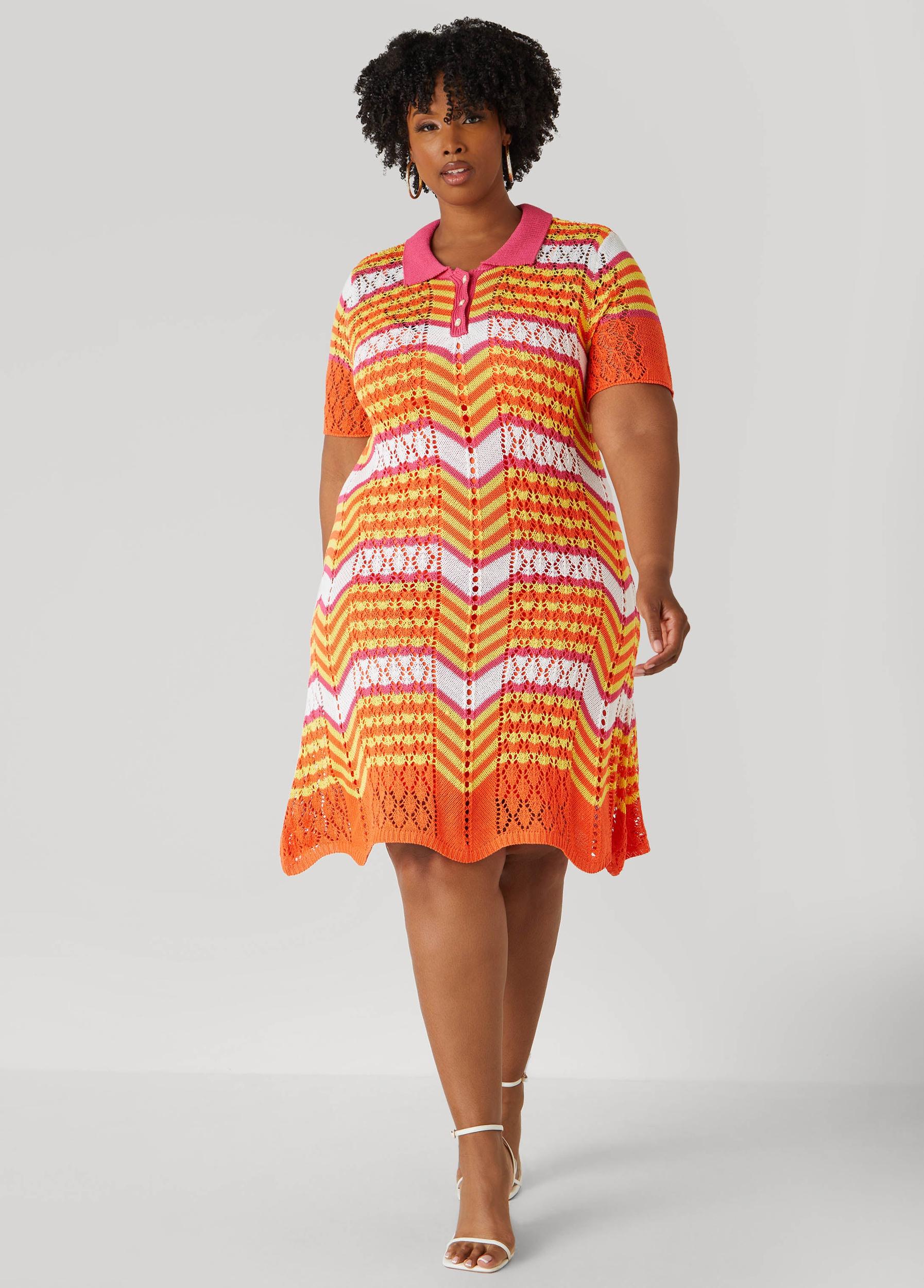 Plus Size Striped Pointelle Knit Polo Dress Ashley Stewart Product Image