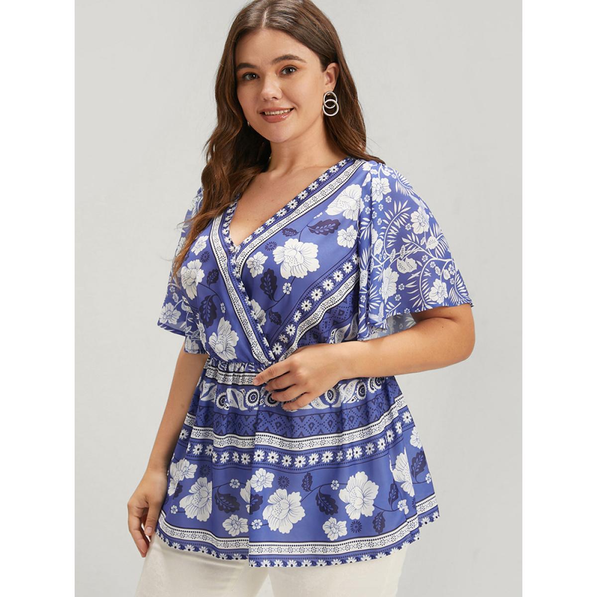Plus Size Blue Bandana Ruffles Elastic Waist Wrap Blouse Women Vacation Short sleeve V-neck Dailywear Blouses BloomChic 10/M Product Image