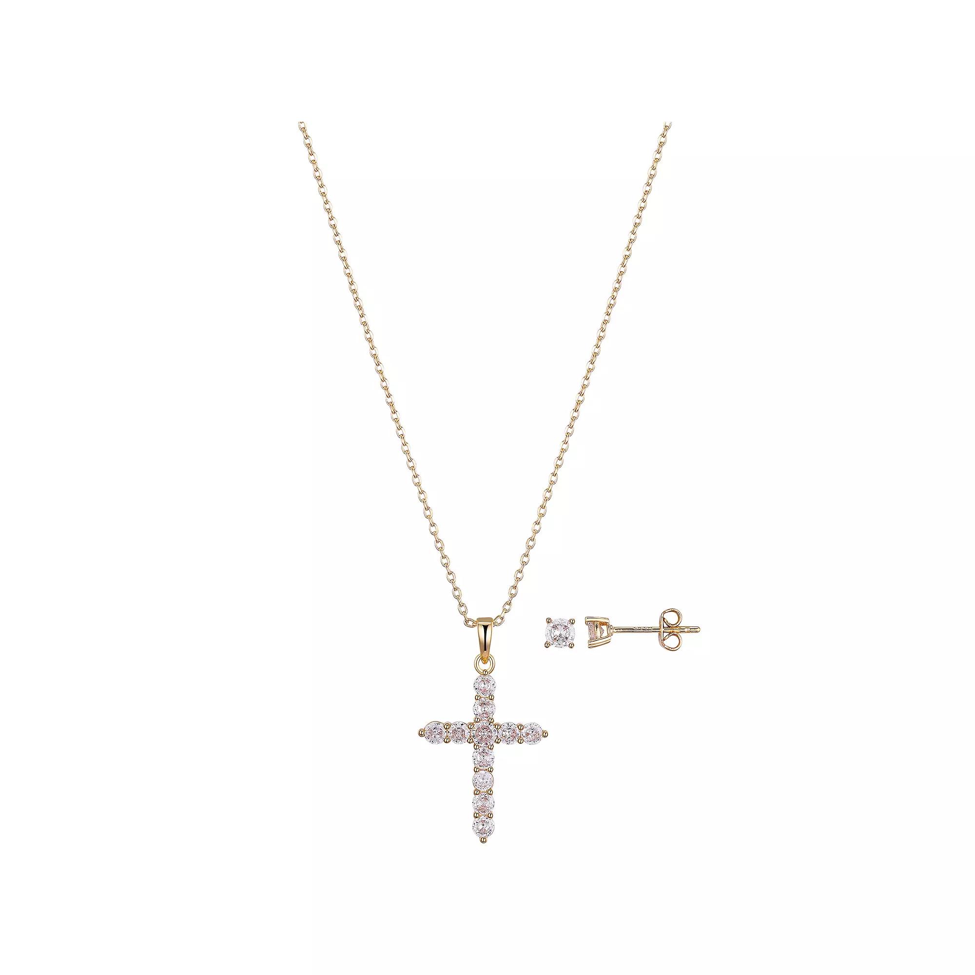 Gratitude & Grace Cubic Zirconia Stud Earrings & Round Stone Cross Pendant Necklace Set, Women's, Size: 18", Gold Tone Product Image