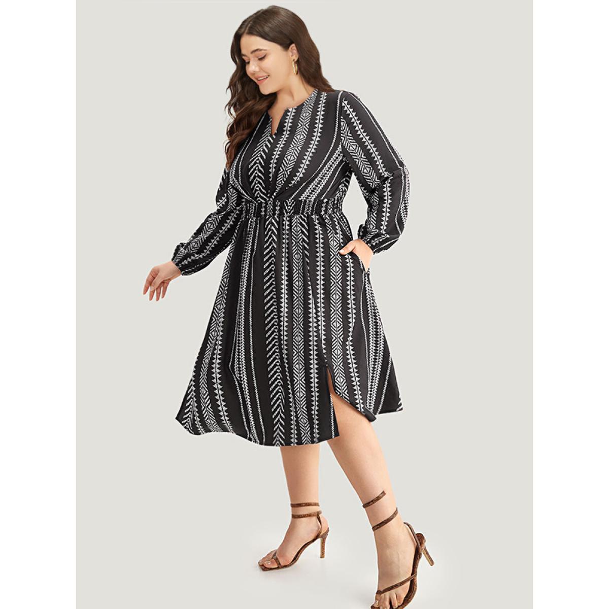 Plus Size Striped Boho Print Shirred Split Hem Dress Black Women Resort Elastic cuffs Notched collar Long Sleeve Curvy Midi Dress BloomChic 10/M Product Image