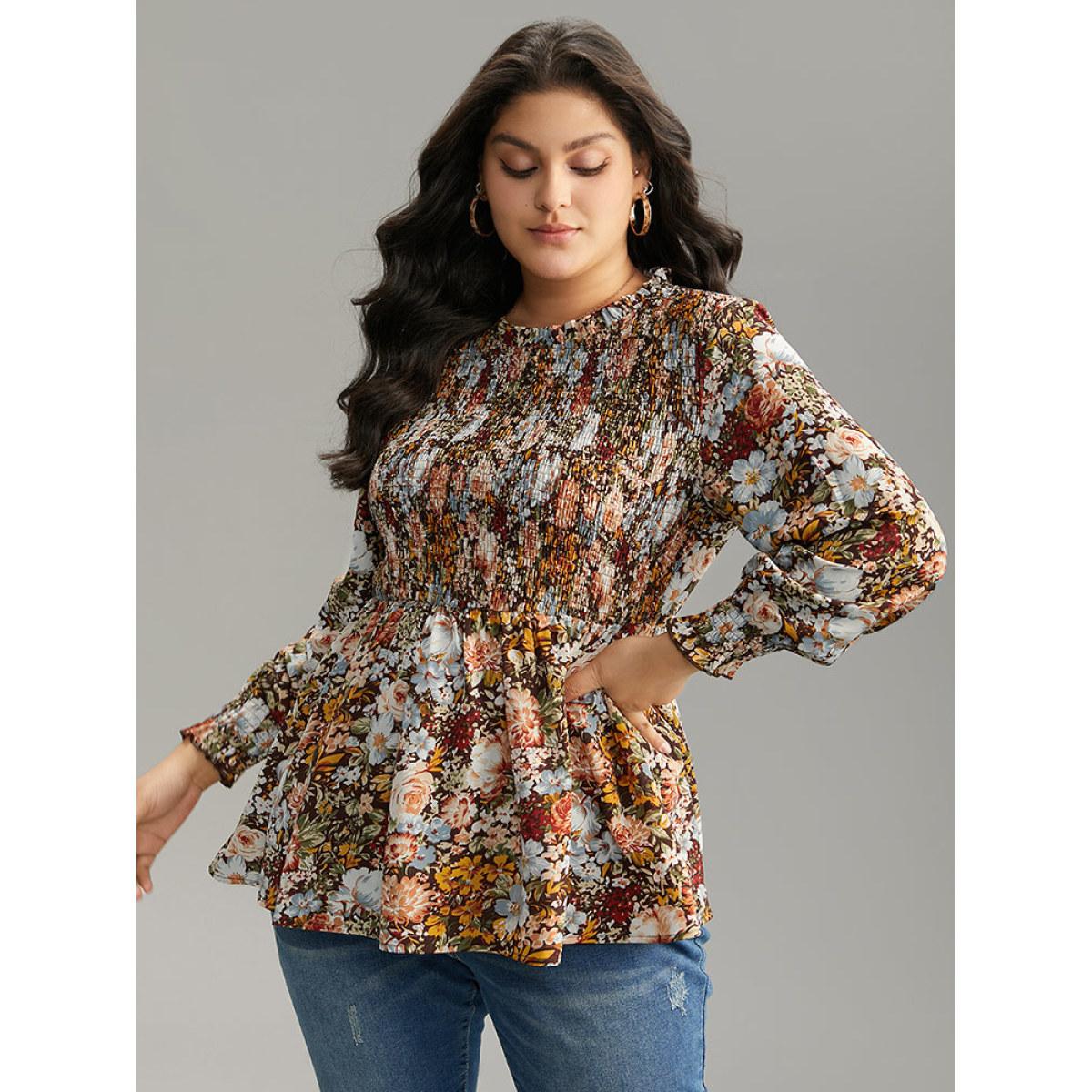 Plus Size DarkBrown Floral Shirred Frill Trim Stand Collar Blouse Women Elegant Long Sleeve Stand-up collar Dailywear Blouses BloomChic 30/6X Product Image