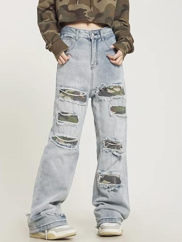 Men's Ripped Camo Print Loose Jeans Product Image