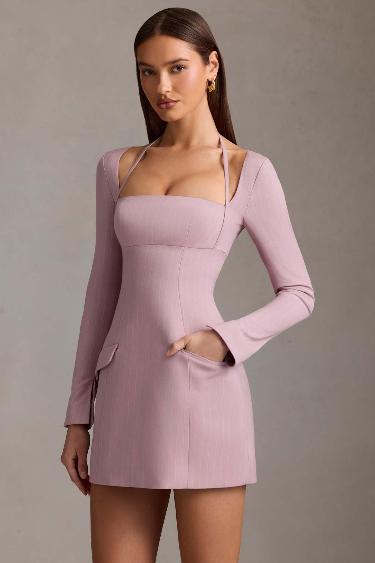 Pinstripe Structured A-Line Mini Dress in Mauve Product Image