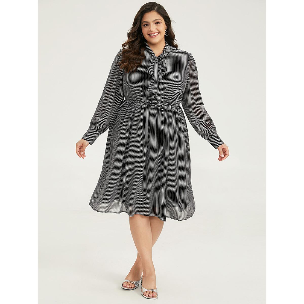 Plus Size Striped Mesh Elastic Waist Knot Neck Dress Black Women Office Printed Tie Neck Long Sleeve Curvy Midi Dress BloomChic 18-20/2X Product Image