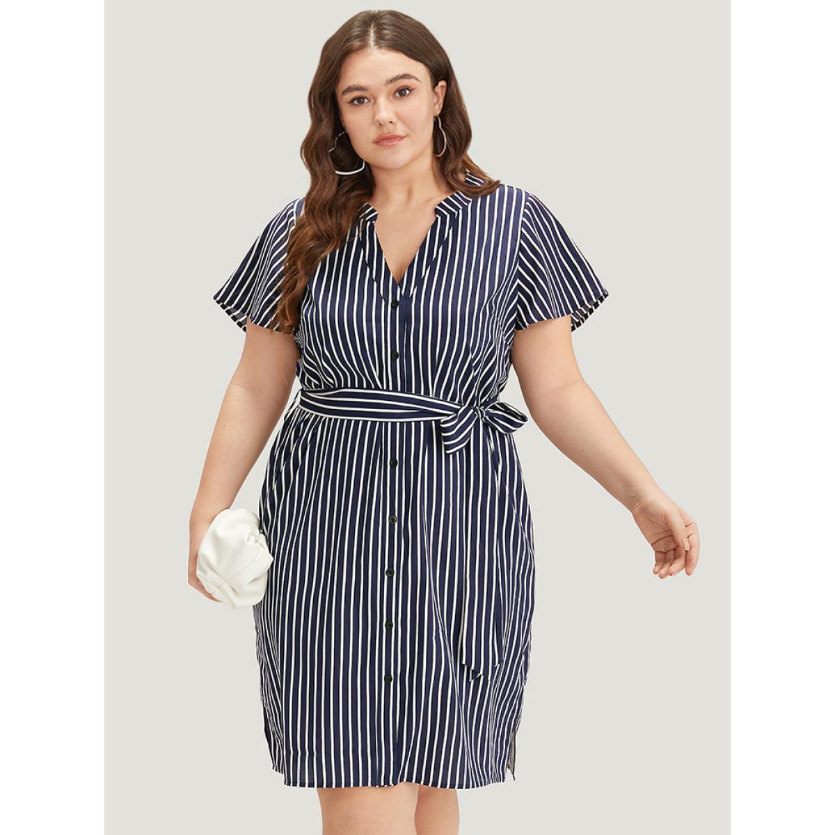 Plus Size Striped Pocket Button Through Belted Split Hem Dress Indigo Women Office Belted Notched collar Short sleeve Curvy Midi Dress BloomChic 10/M Product Image