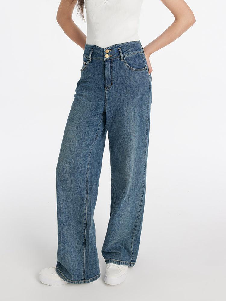 High-Waisted Loose Straight Full Length Women Jeans Product Image