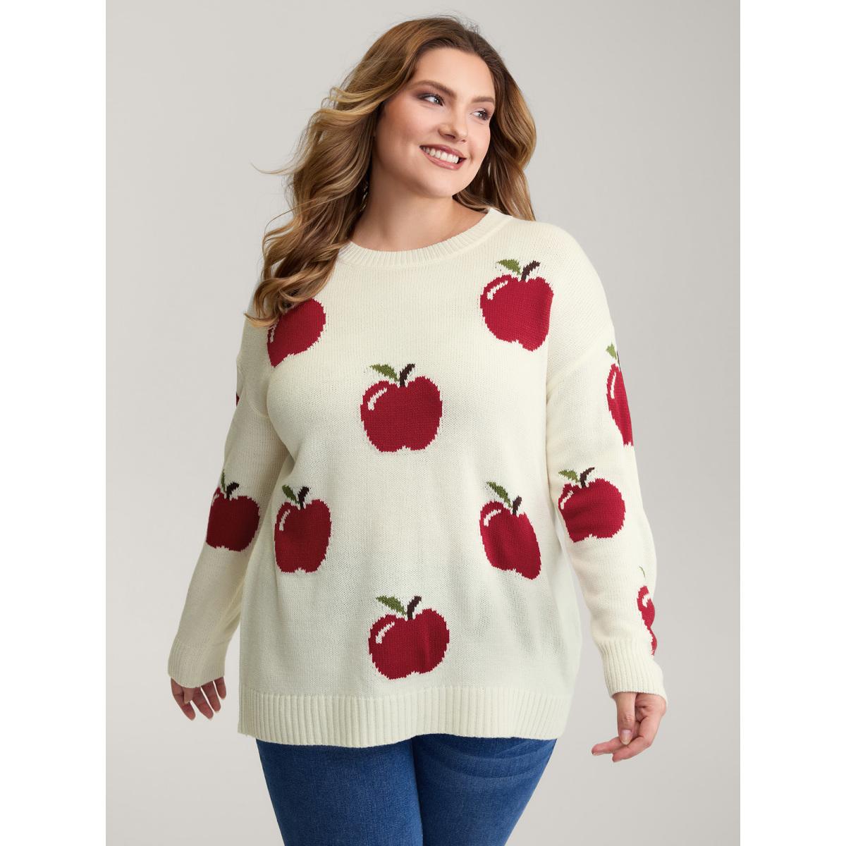 Plus Size Sweet Apple Print Jacquard Print Pullover Ivory Women Playful Loose Long Sleeve Round Neck Casual Pullovers BloomChic 28/5X Product Image