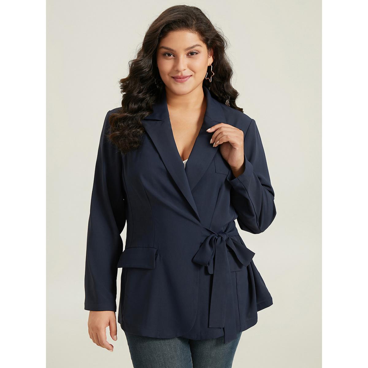 Plus Size Suit Collar Knot Pocket Blazer Indigo Women Dailywear Plain Plain Sleeve Long Sleeve Suit Collar 22-24/3X Pocket Casual Blazers BloomChic Product Image