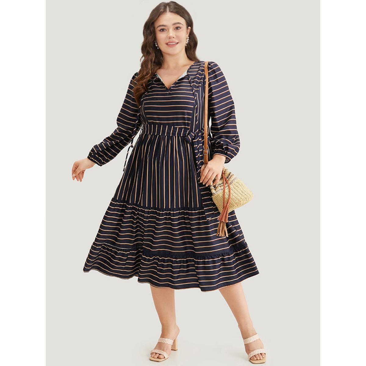 Plus Size Striped Tie Neck Pocket Ties Dress Indigo Women Vacation Elastic cuffs Tie Neck Long Sleeve Curvy Midi Dress BloomChic 30/6X Product Image