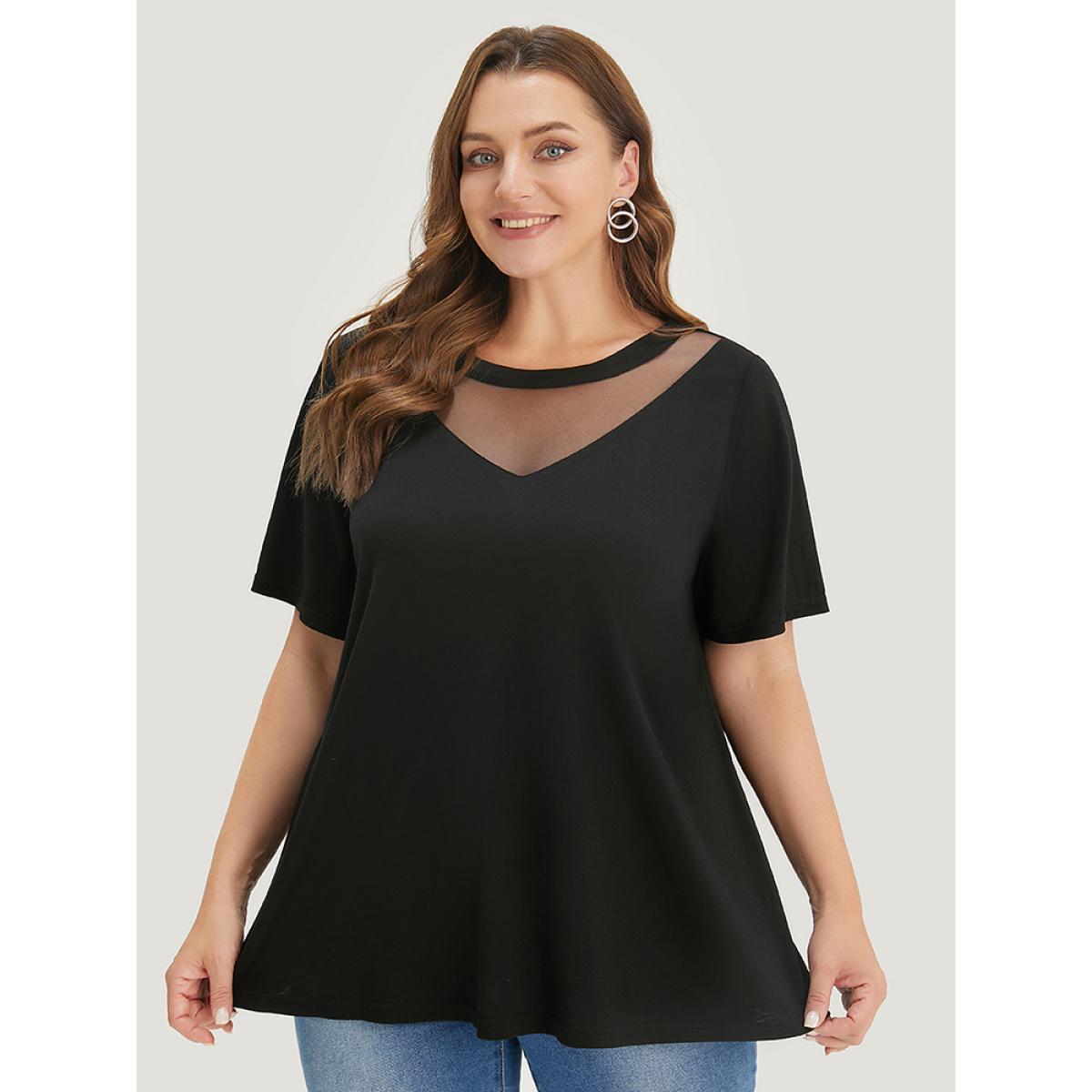 Plus Size Solid Round Neck Mesh Patchwork T-shirt Black Women Elegant See through Plain Round Neck Dailywear T-shirts BloomChic 30/6X Product Image