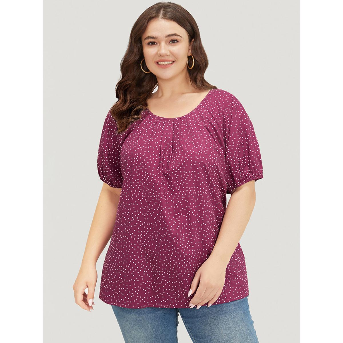 Plus Size RedViolet Polka Dot Pleated Round Neck Puff Sleeve Blouse Women Office Short sleeve Round Neck Work Blouses BloomChic 28/5X Product Image