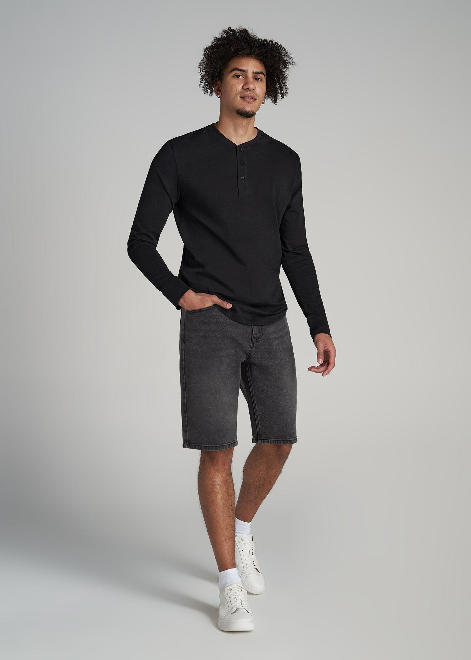Three-Button Long Sleeve Slub Henley for Tall Men in Black Male Product Image