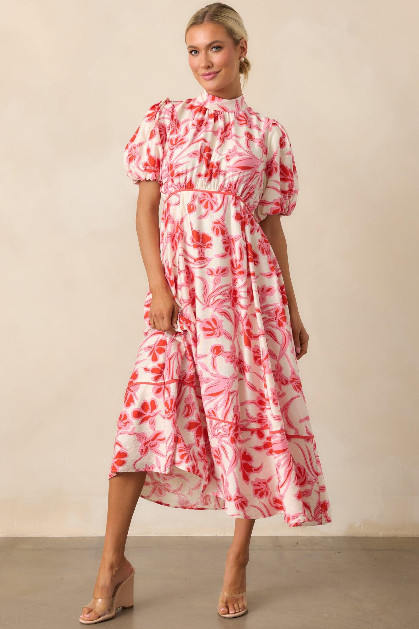 Blooming Season Pink Floral Puff Sleeve Midi Dress Product Image