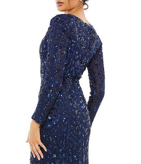 Mac Duggal Deep V-Neck Long Sleeve Thigh High Slit Beaded Sheath Gown Product Image