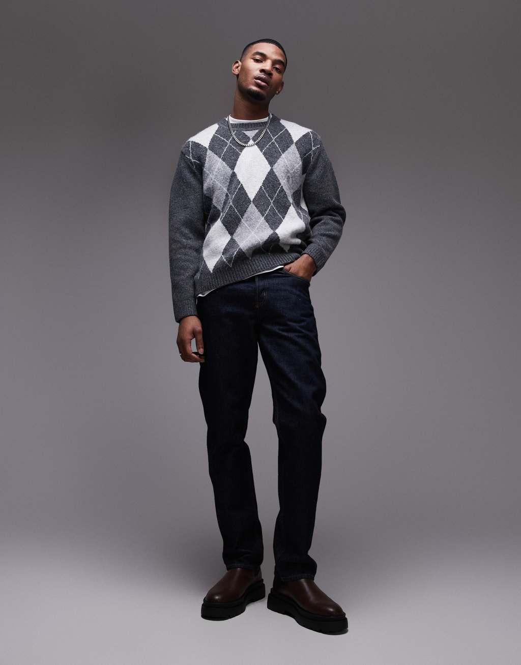 Topman crew sweater in gray & white argyle Product Image