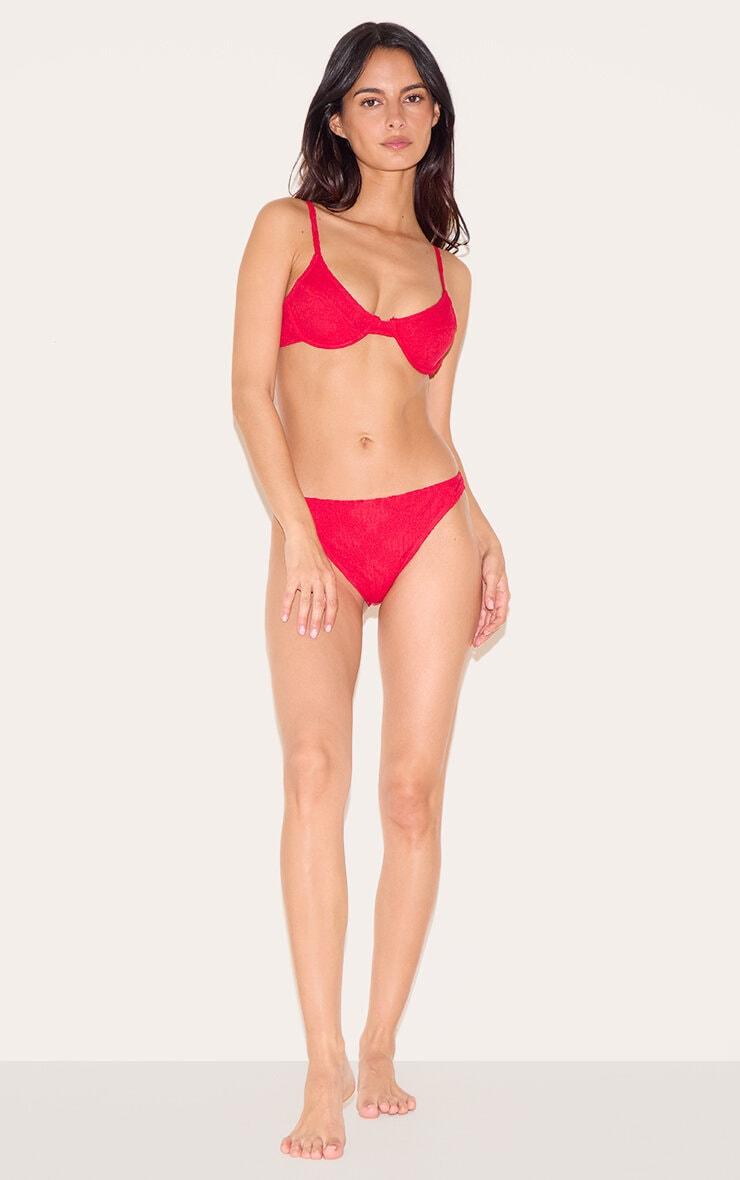 Red Textured Floral High Leg Bikini Bottoms Product Image