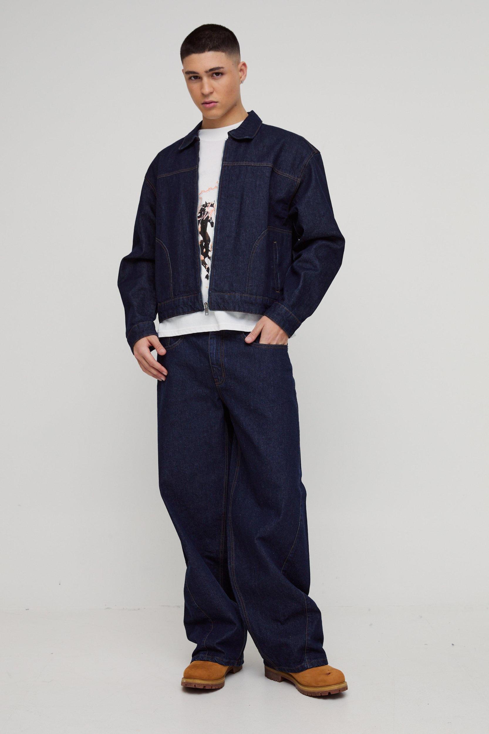 Boxy Contrast Stitch Jean Jacket | boohooMAN USA Product Image