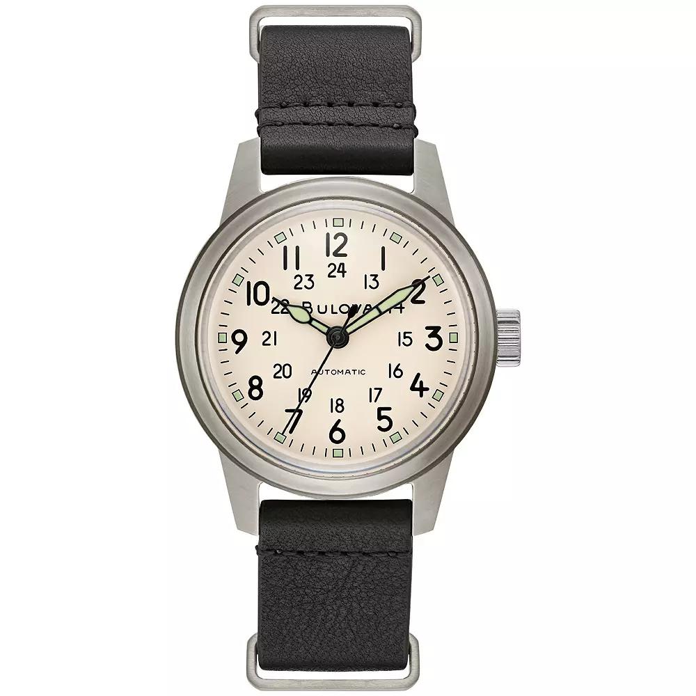 Bulova Mens Automatic Military Leather NATO Strap Watch - 96A246K Black Product Image