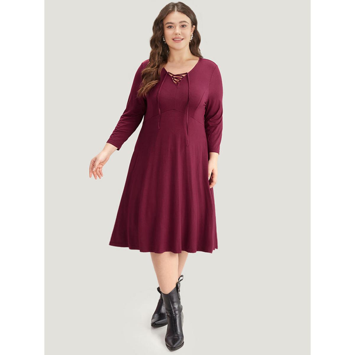 Plus Size Supersoft Essentials Solid Lace Up Ruffle Hem Dress Burgundy Women Casual Plain Tie Neck Elbow-length sleeve Curvy Midi Dress BloomChic 30/6X Product Image