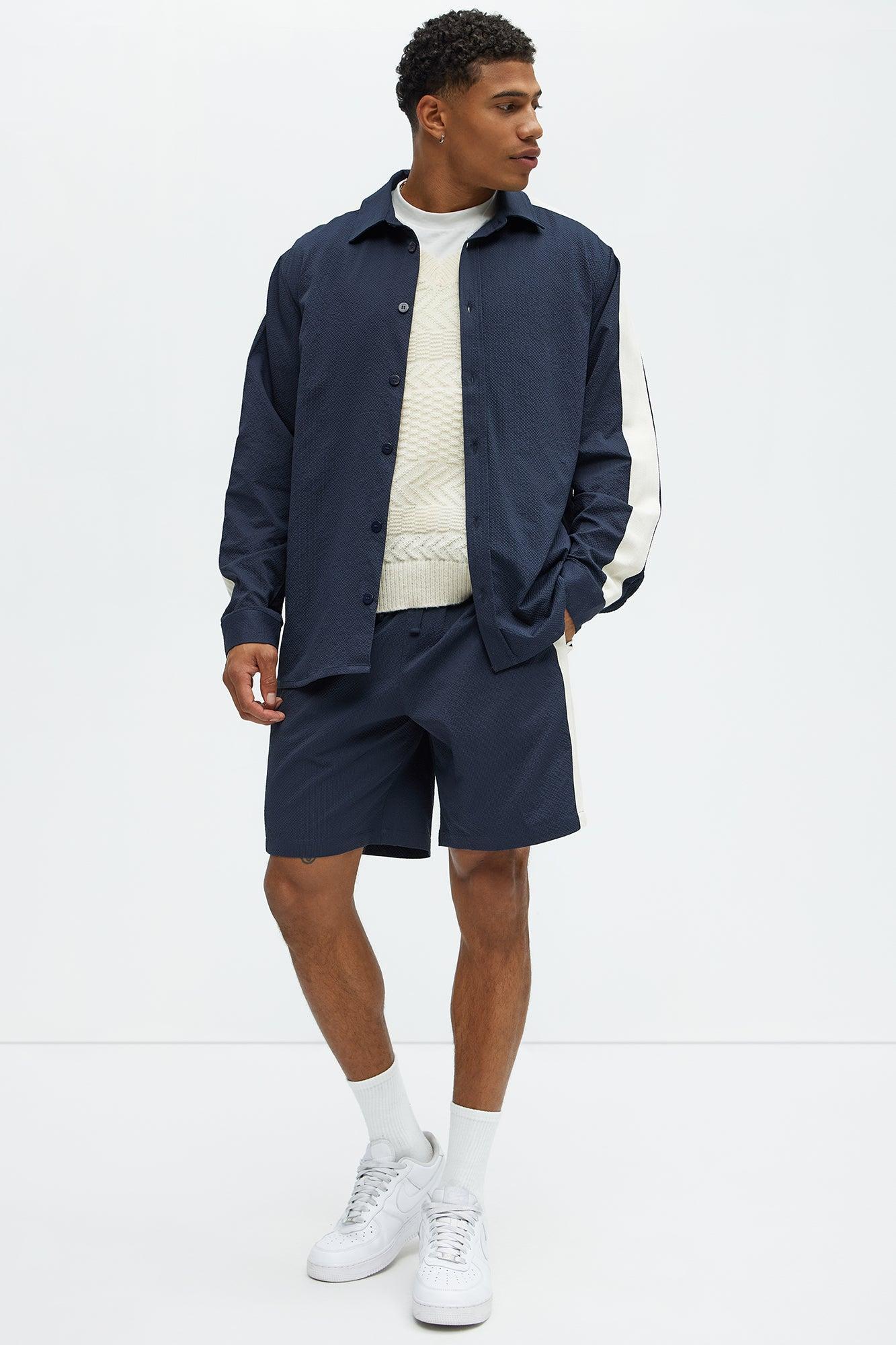 Crinkle Texture Taped Relaxed Shorts - Navy Product Image