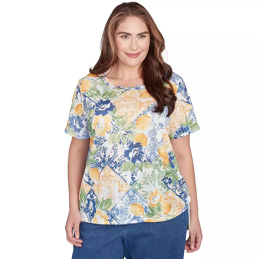 Plus Size Alfred Dunner Lemon Tile Knotted Crewneck Top, Women's, Size: 2XL, Yellow Product Image