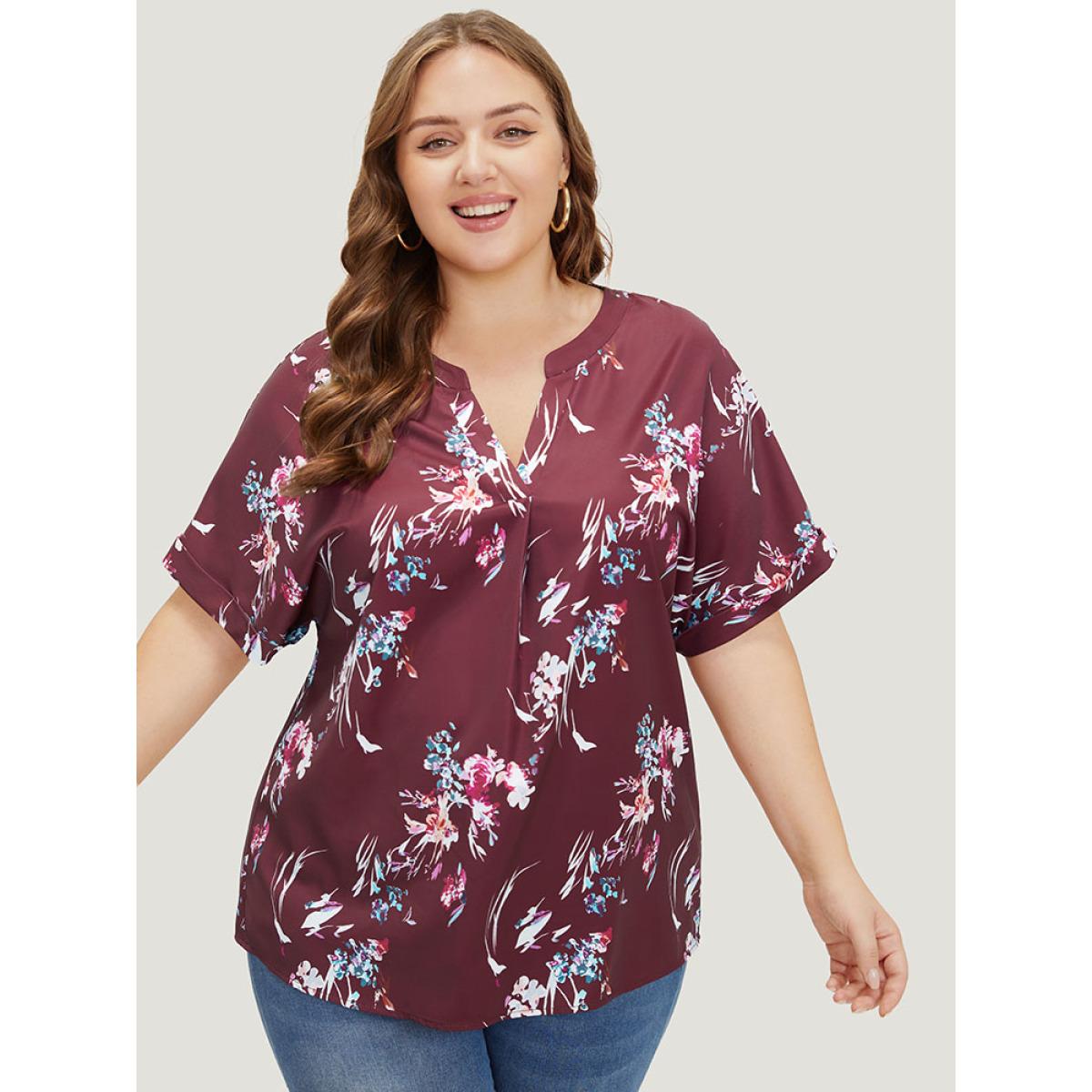 Plus Size Scarlet Floral Roll Batwing Sleeve Notched Neck Blouse Women Elegant Short sleeve Notched collar Dailywear Blouses BloomChic 30/6X Product Image