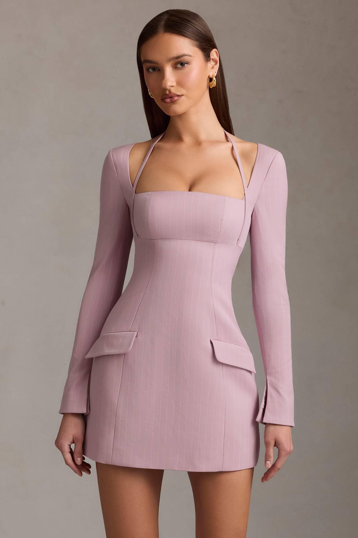 Pinstripe Structured A-Line Mini Dress in Mauve Product Image